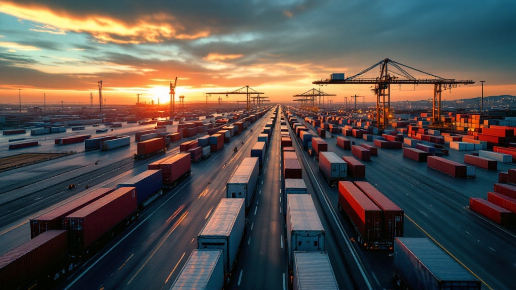 Cargo trucks and shipping containers at the San Diego border