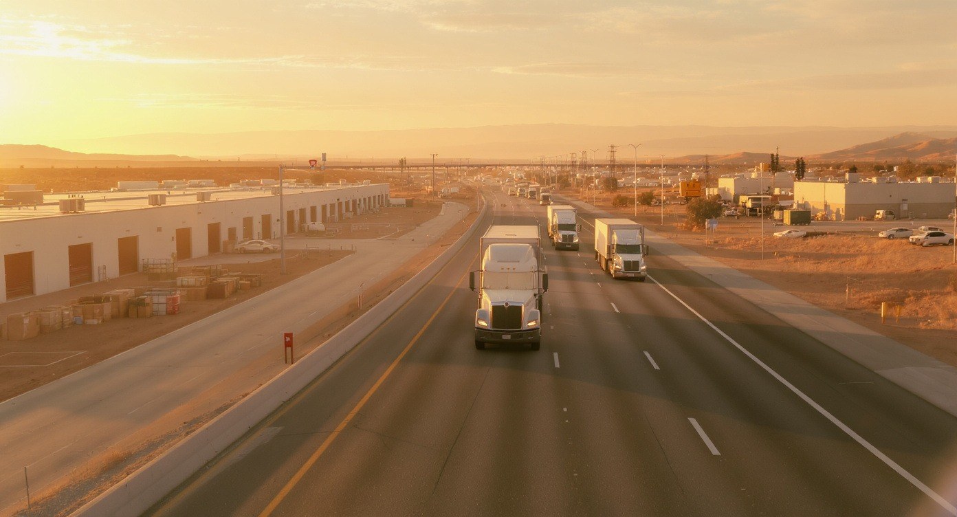 Cargo trucks and shipping containers at the San Diego border